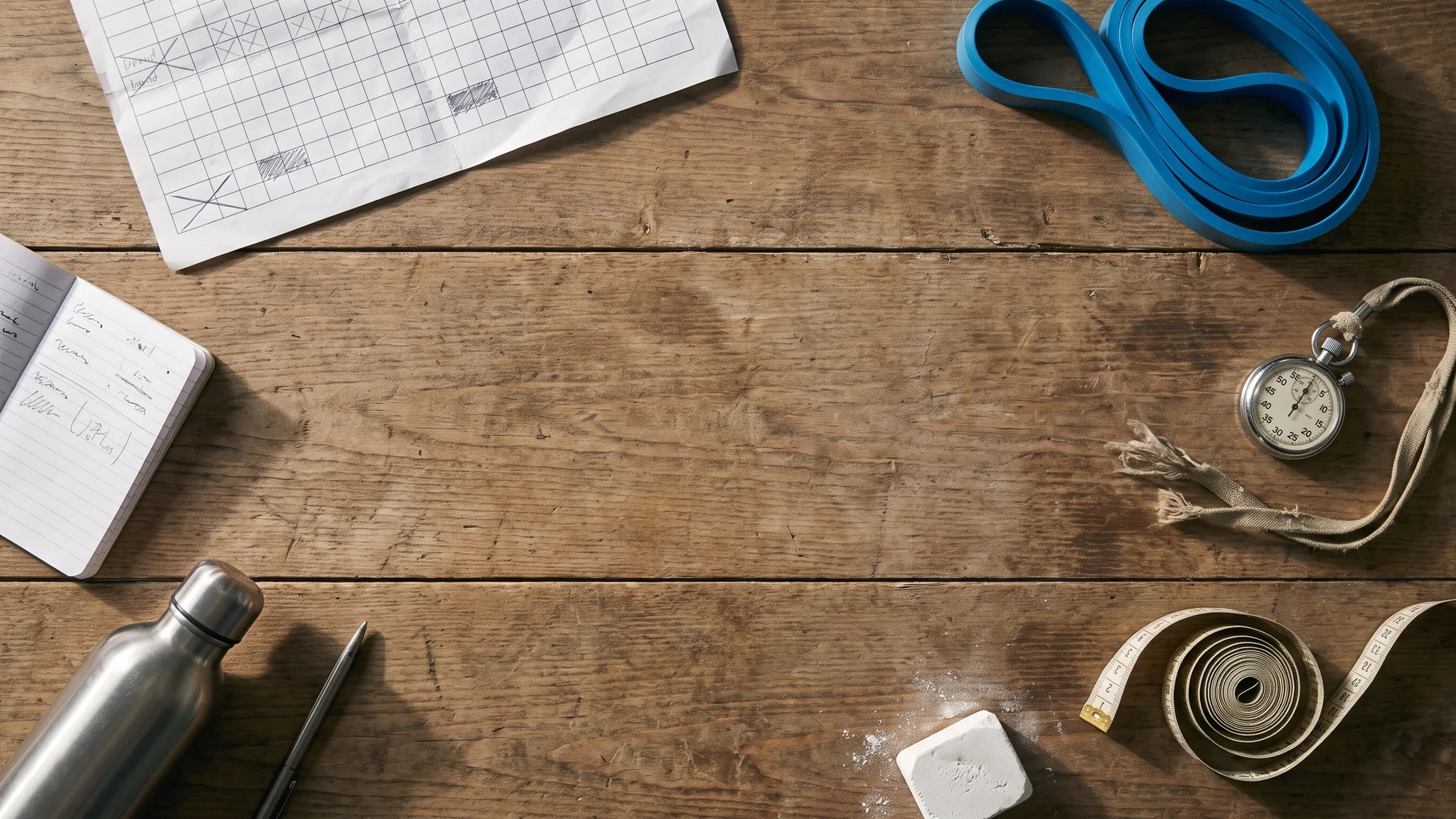 A printed week grid marked in pencil on a wooden table, beside a pocket notebook of workouts, a coiled blue resistance band, a stopwatch, a tape measure and a water bottle.